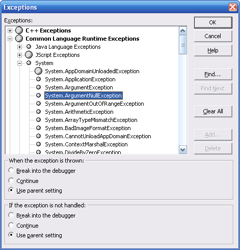 Setting up exception handling in Visual Studio