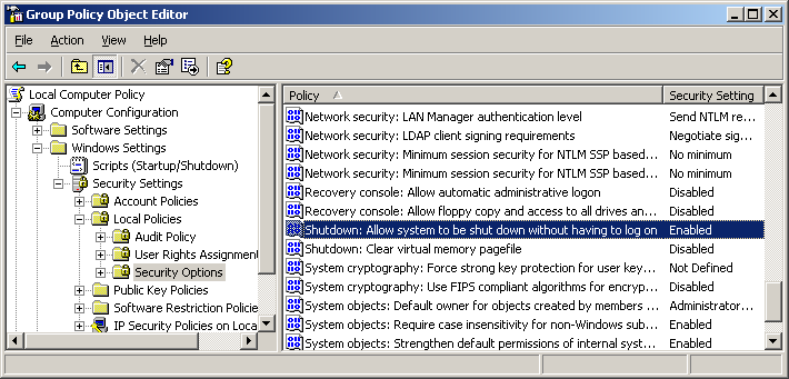 Enable shutdown button in Windows 2003s login dialog